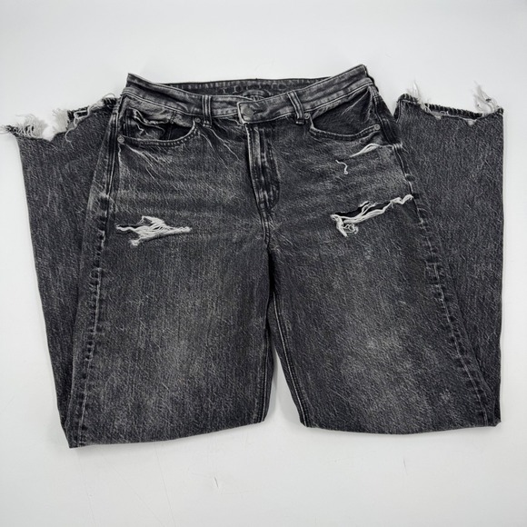 American Eagle Highest Rise Mom Jeans X-Long Black Wash Distressed Denim Size 12 - Picture 1 of 14